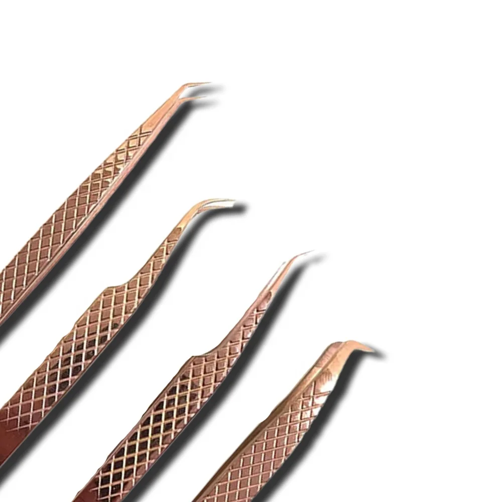 Plasma Rose Gold Fiber Tip Eyelash Extension Tweezers Diamond Grip