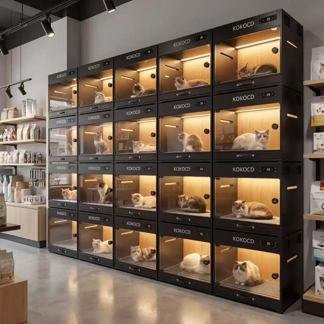 KOKOCD pet air conditioner units displayed in a retail pet store showroom with pets inside