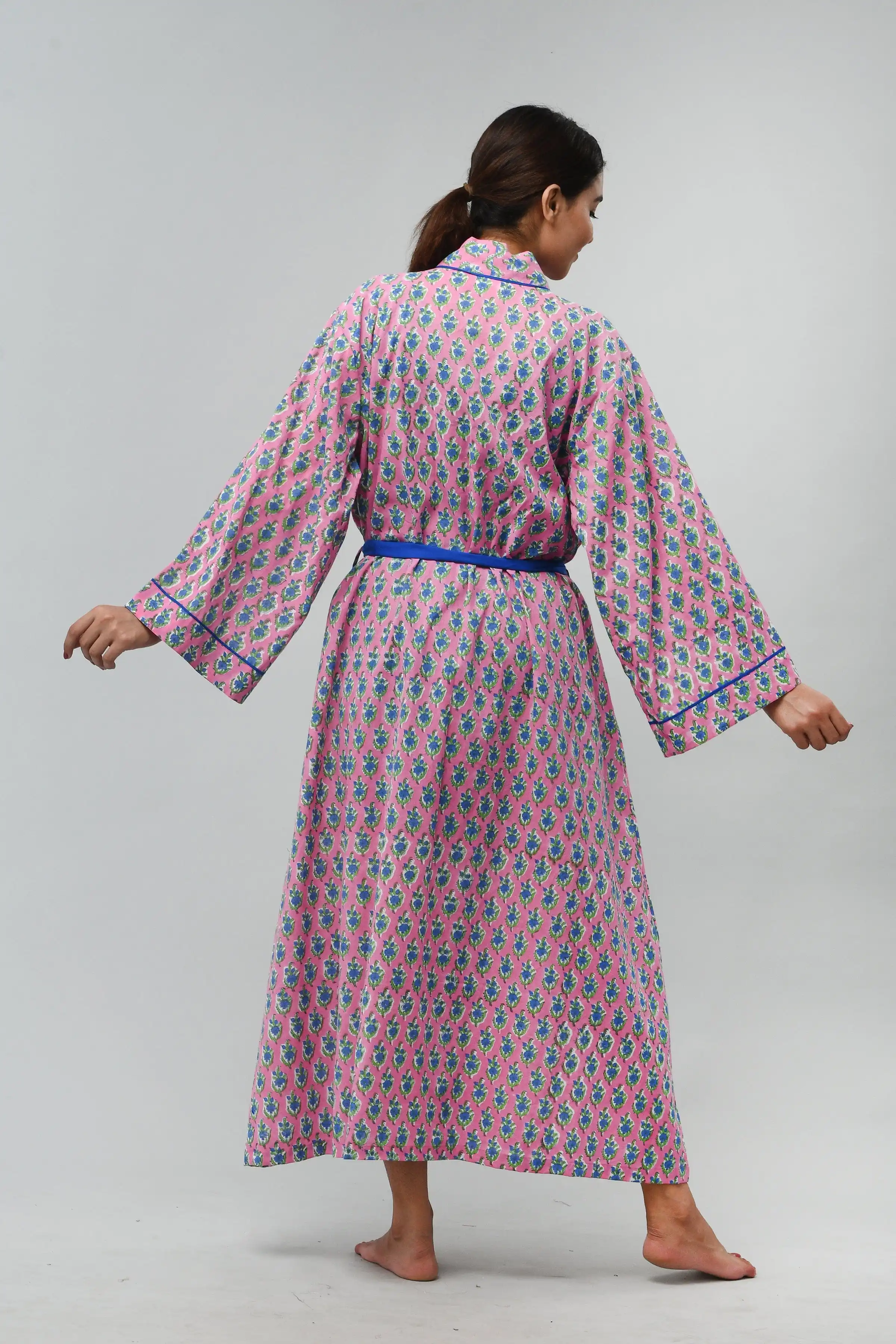 Handmade 100 Cotton Kimono Bathrobe Blue And Pink Color Hand Printed