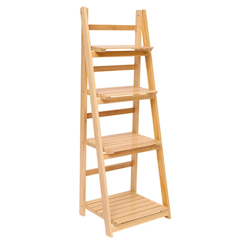 Bamboo Folding Ladder Plant Stand Storage Shelf In The Living Room