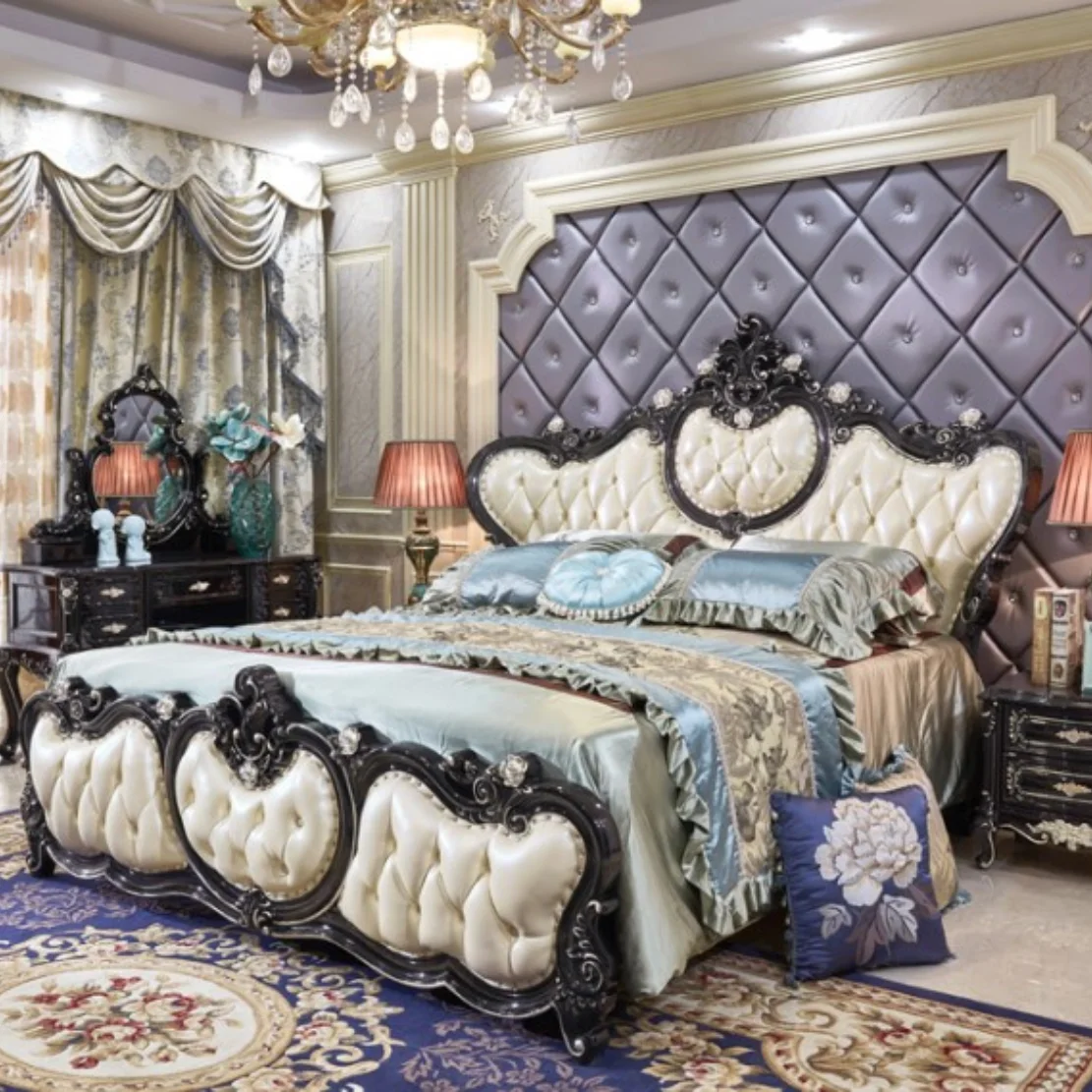Luxury Royal Bedroom Set Fancy Real Wood Wooden King Size Bed Carving
