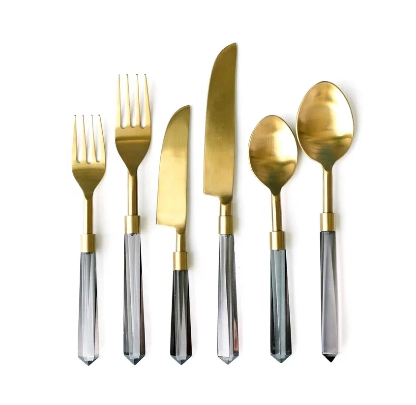 Acrylic Handle Stylish Brass Spoon Flatware Set Kitchen & Tabletop