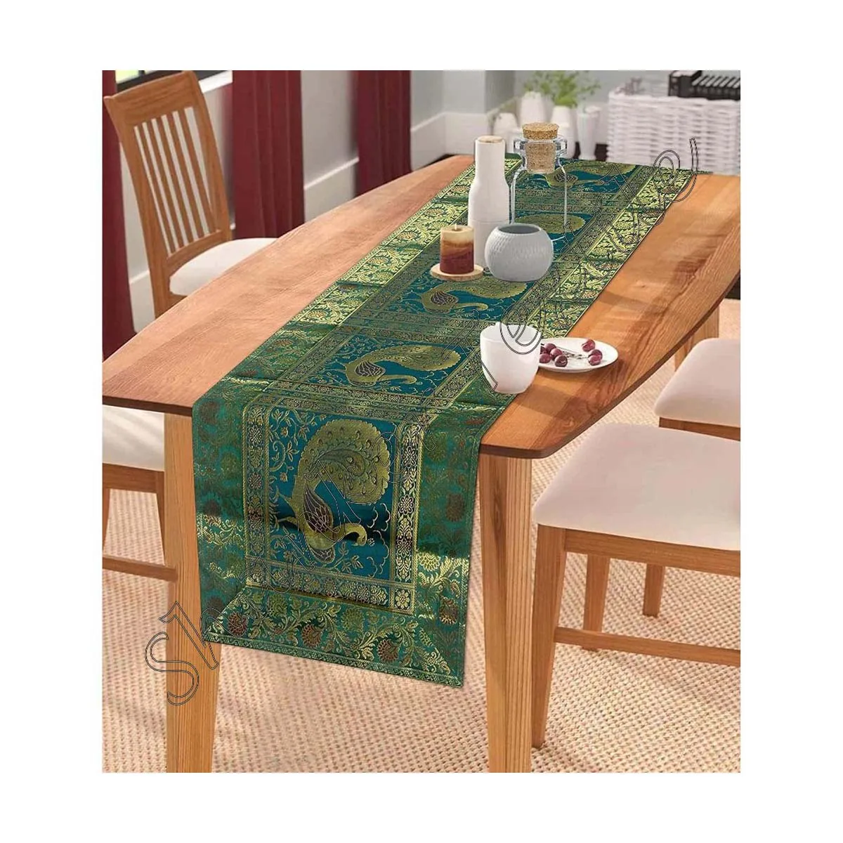 Christmas Indian Banarasi Silk Brocade Paisley Table Runner Dining