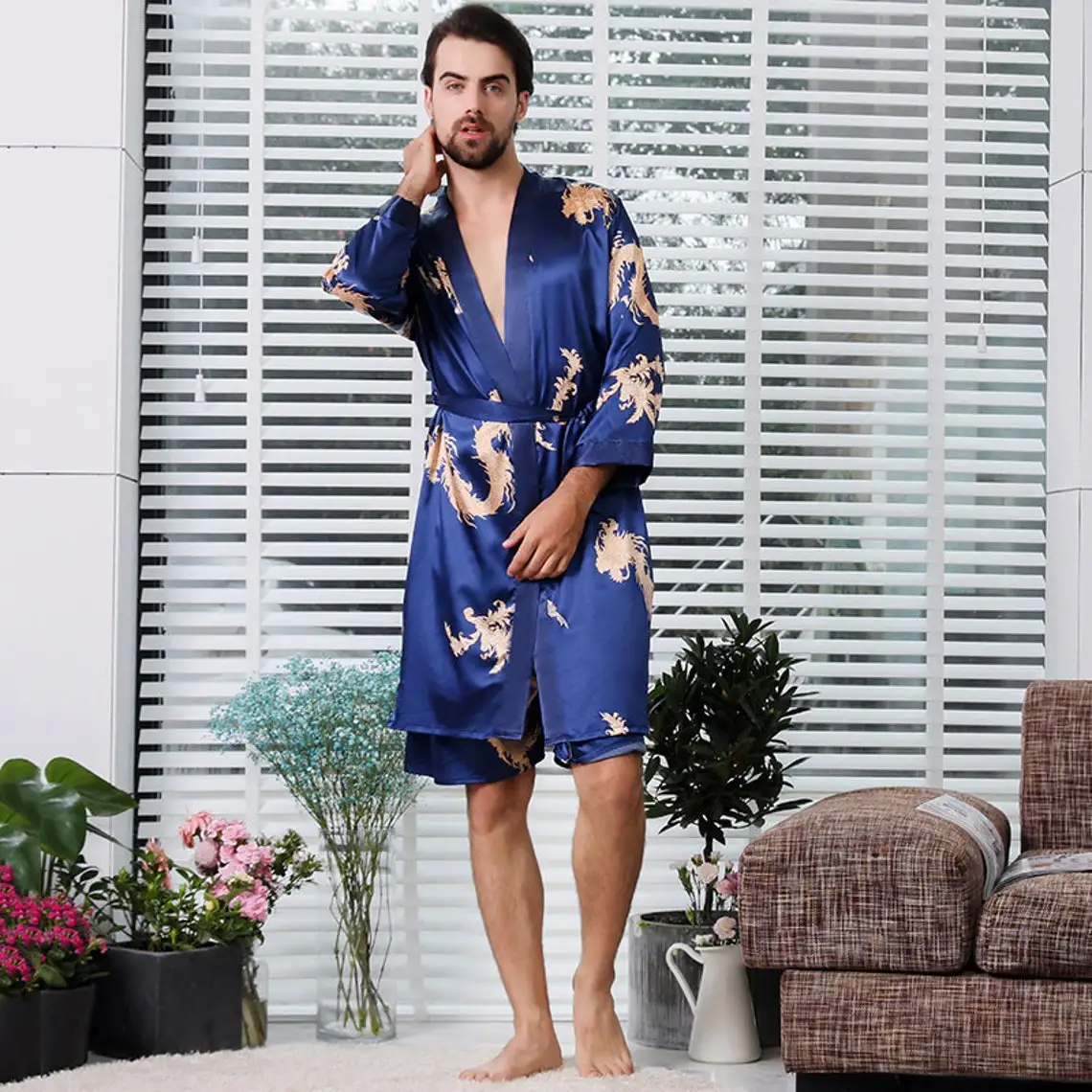 Wholesale Night Gown Sleepwear Satin Silk Robe Men Long Sleeve Luxury Silk Robes Men Silk 6730