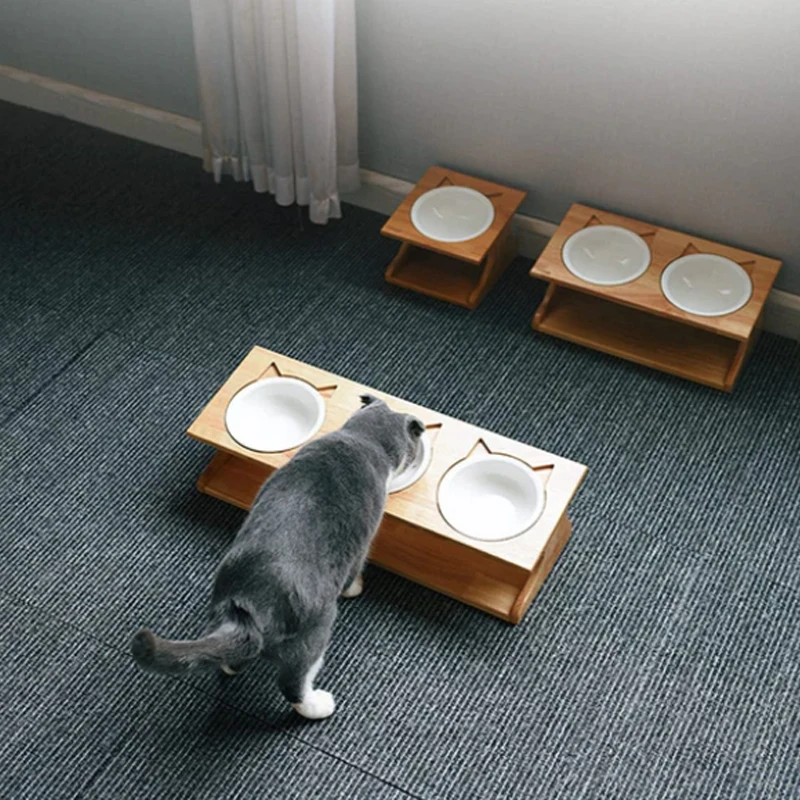 Premium Elevated Pet Bowls,Raised Dog Cat Feeder Solid Bamboo Stand With Ceramic Food Feeding