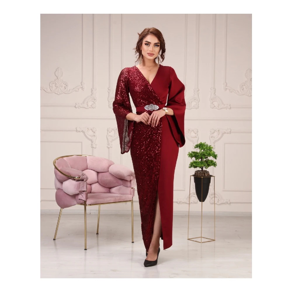 Sequin Garnish Slit Evening Dress Product Length 1.50 Color Options