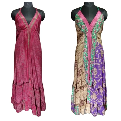 Women's Boho Vintage Silk Saree Dress Bohemian Style Sleeveless Long ...