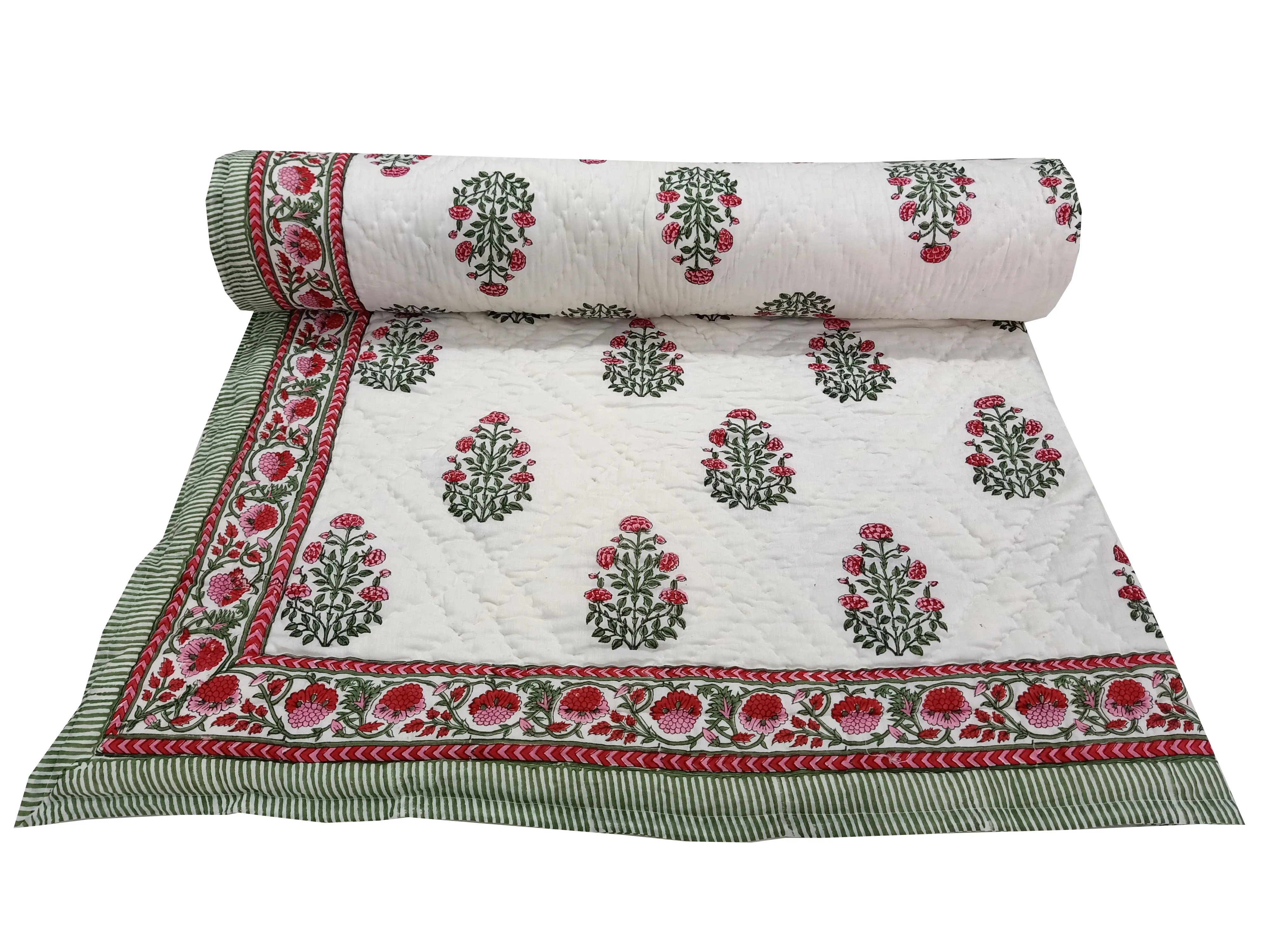 Red And Green Floral Hand Block Print Jaipuri Quilt Hand Stitch