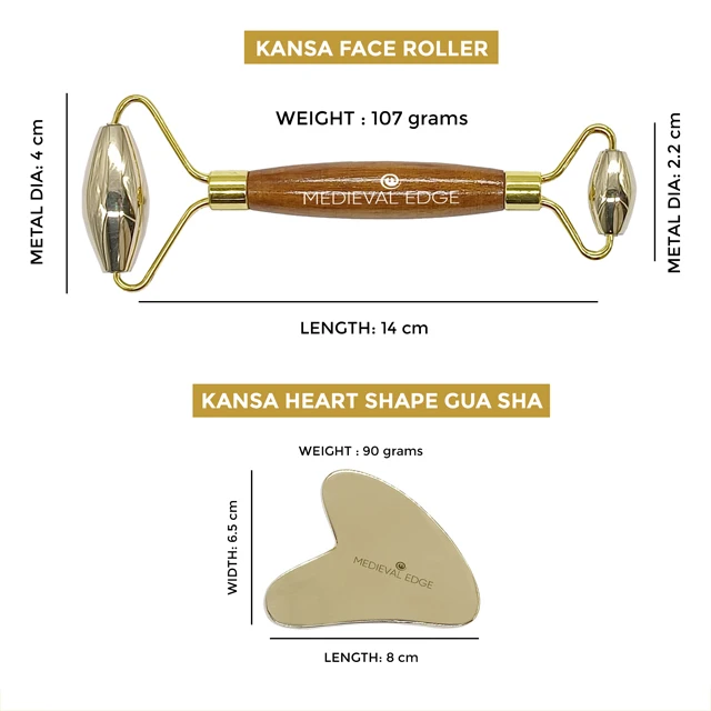 Ayurveda Kansa Metal Face Roller And Heart Shape Kansa Gua Sha Scraping