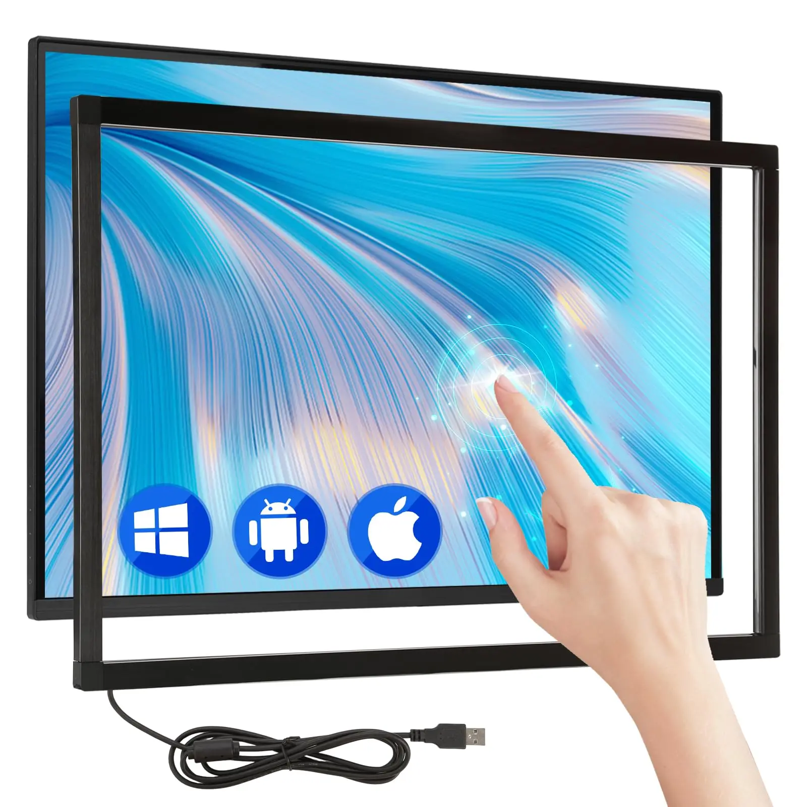 32-inch IR touch frame showing internal IR emitter array and mounting bracket