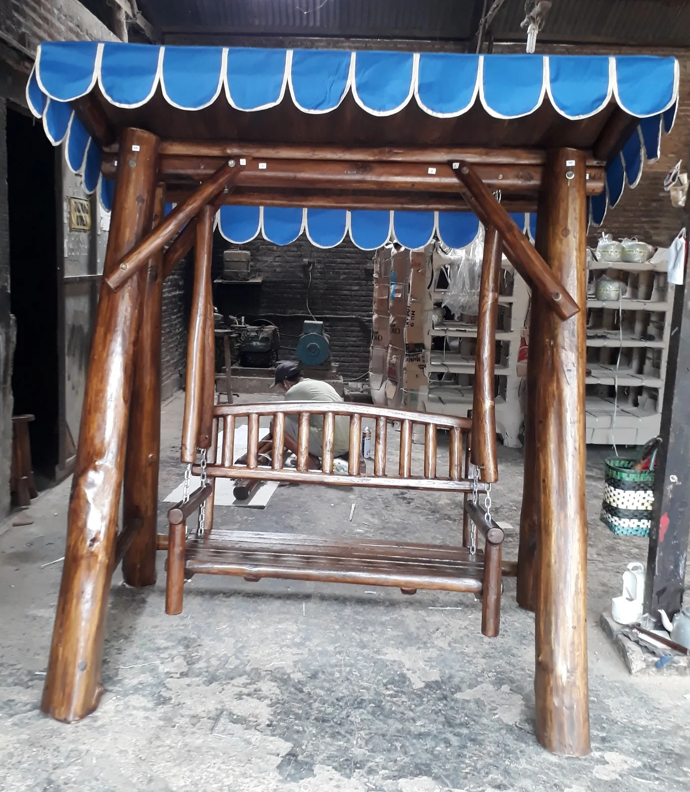 Traditional Rustic 2-Seater Teak Garden Swing Bench Canopy Hanging Log ...