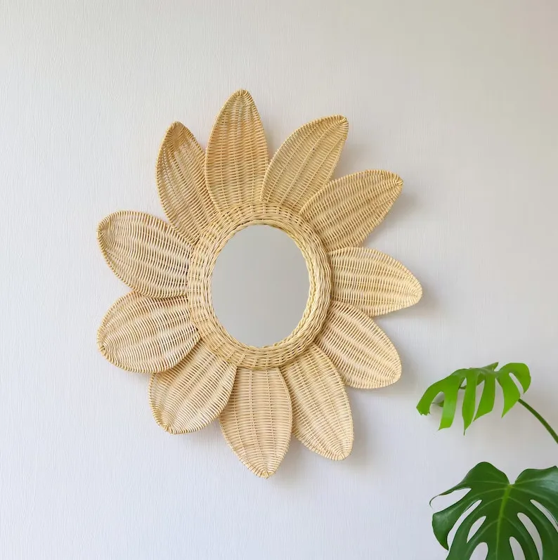 New Arrival 2023 Daisy Rattan Mirror Wall Natural Art Decor Home