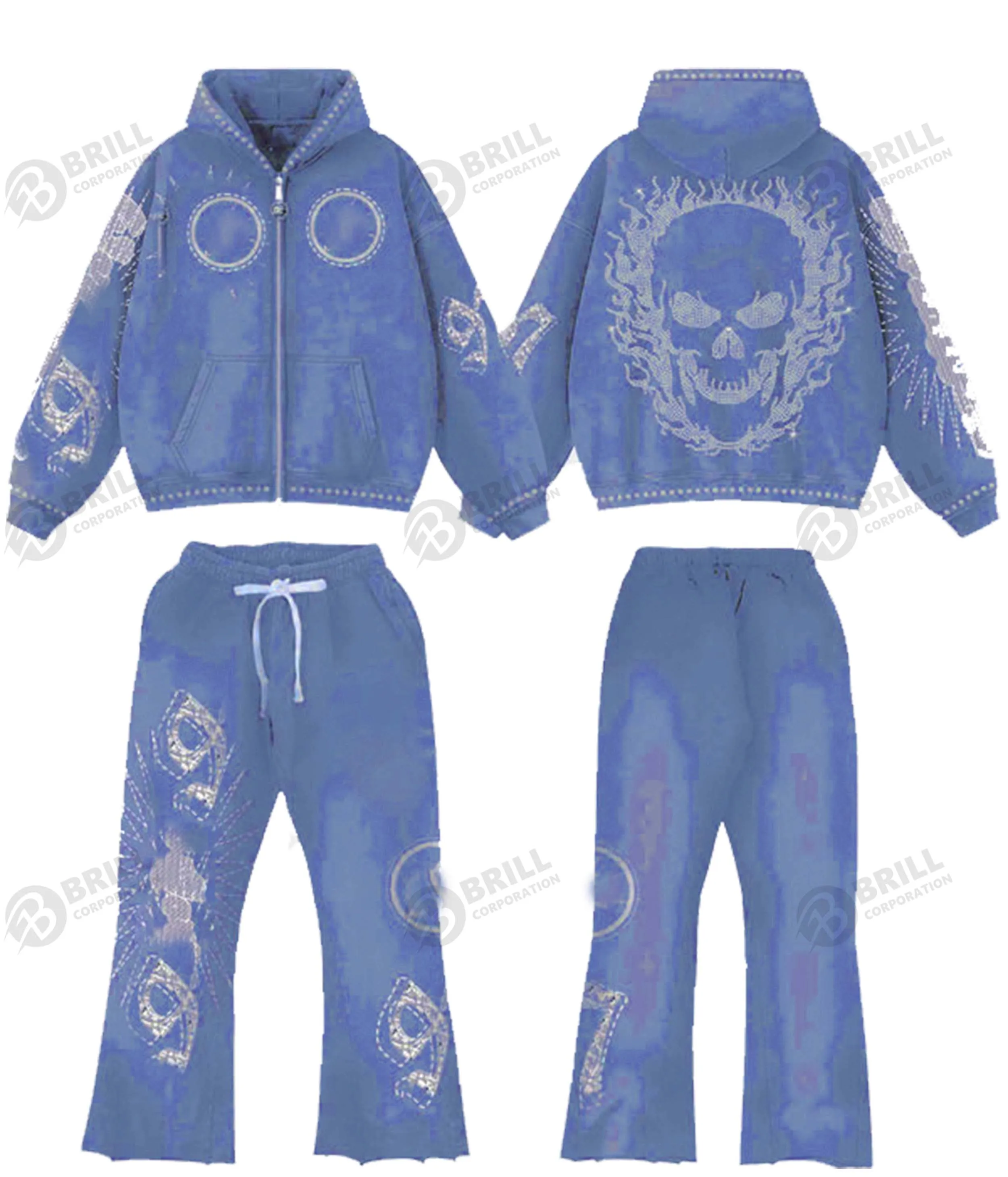 Men 2024 Streetwear Rhinestone Acid Wash Sweatsuit Cotton Flare ...