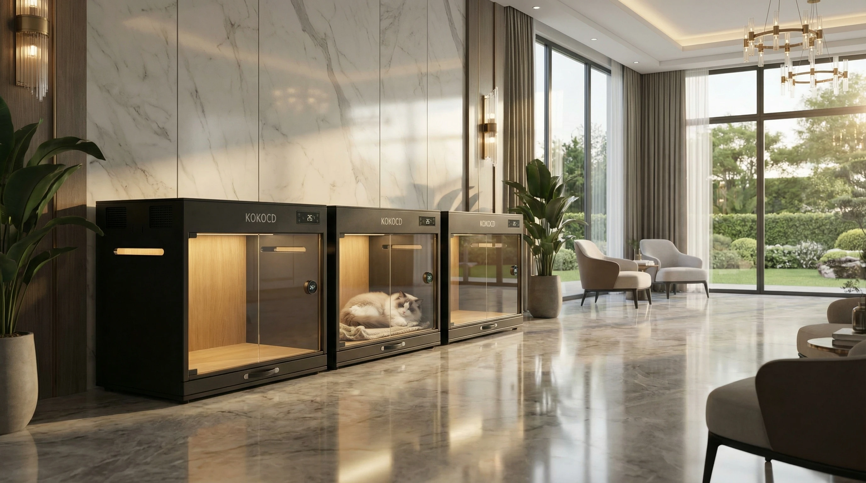 Multiple KOKOCD K01-B units deployed in a luxury pet hotel lobby