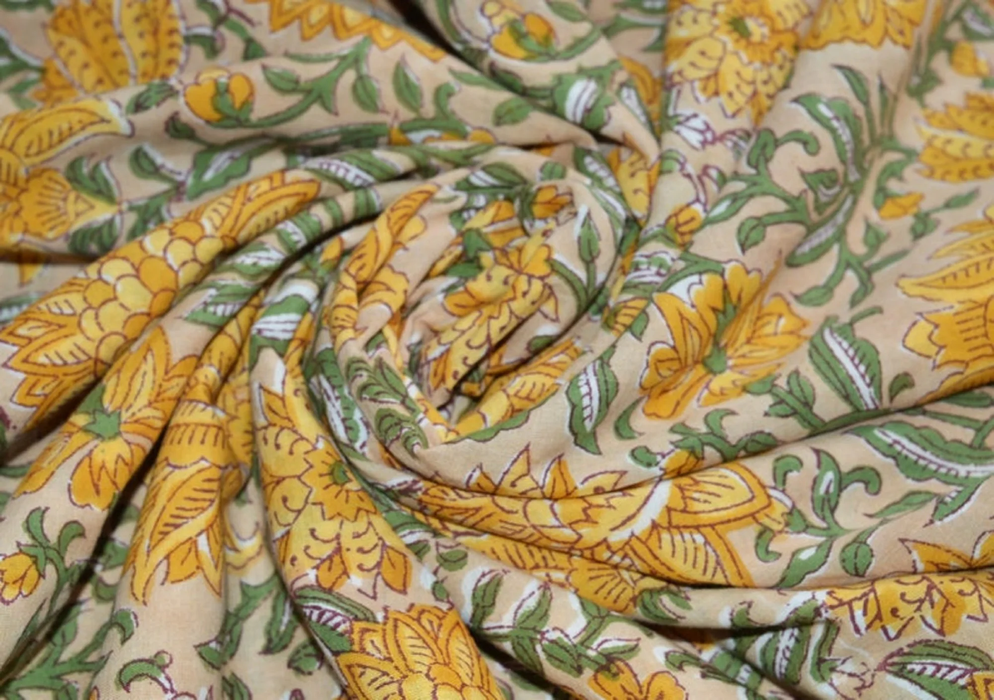 Yellow Mustad Handmade Floral Printed Handmade Block Printed Fabrics