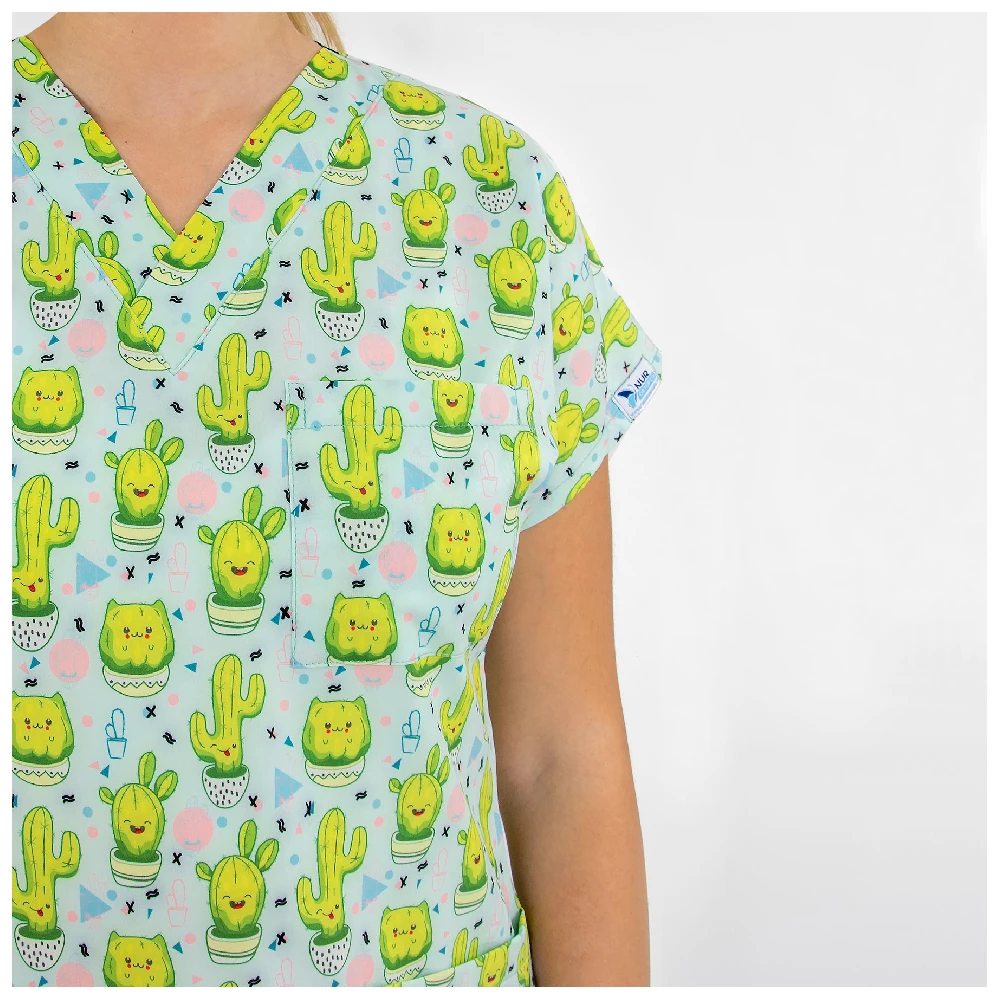 Hospital Uniforms Women Happy Cactus Patterned Shirt Nurse Medical Scrubs Comfortable Medical ...