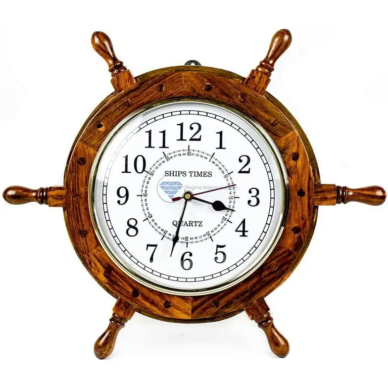 Wooden Wheel Clock Vintage Hand Crafted Marine Wall Decor Ship Wheel