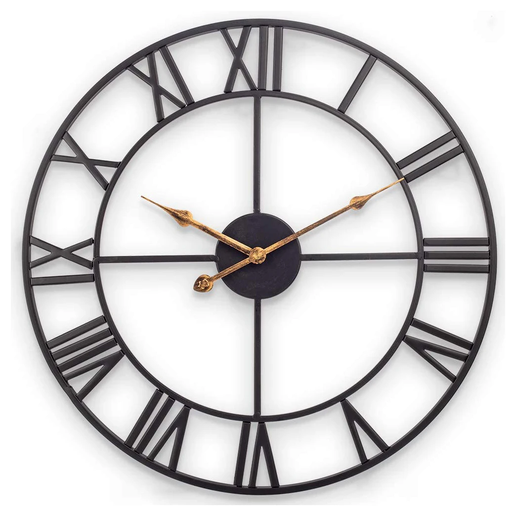 Classic Metal Wall Clock Round Shaped Antique Industrial Iron Skeleton