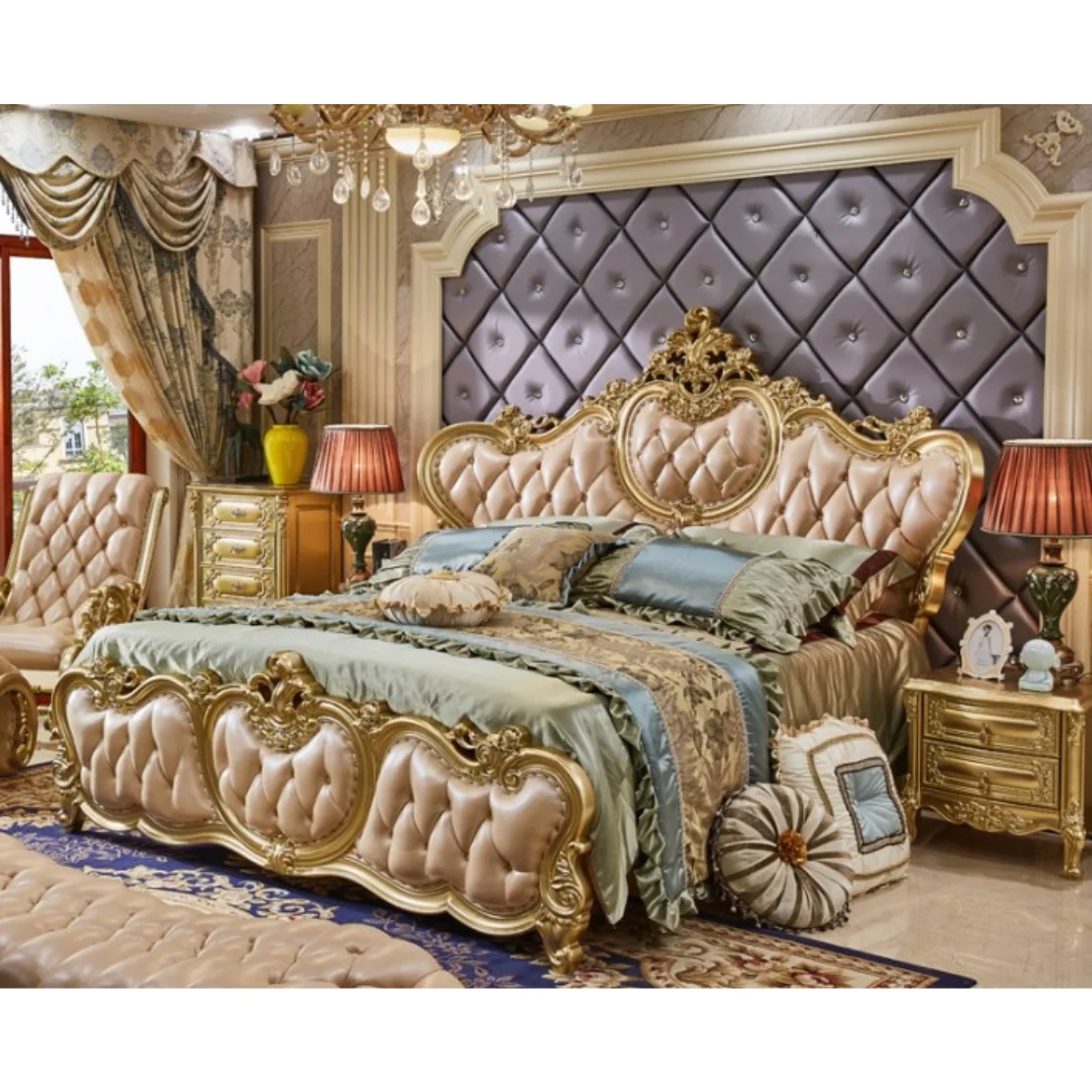 Luxury Royal Bedroom Set Fancy Real Wood Wooden King Size Bed Carving