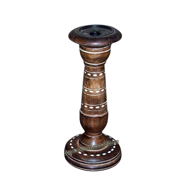 Wooden Pillar Candle Holder With White Inlay For Wedding Party And