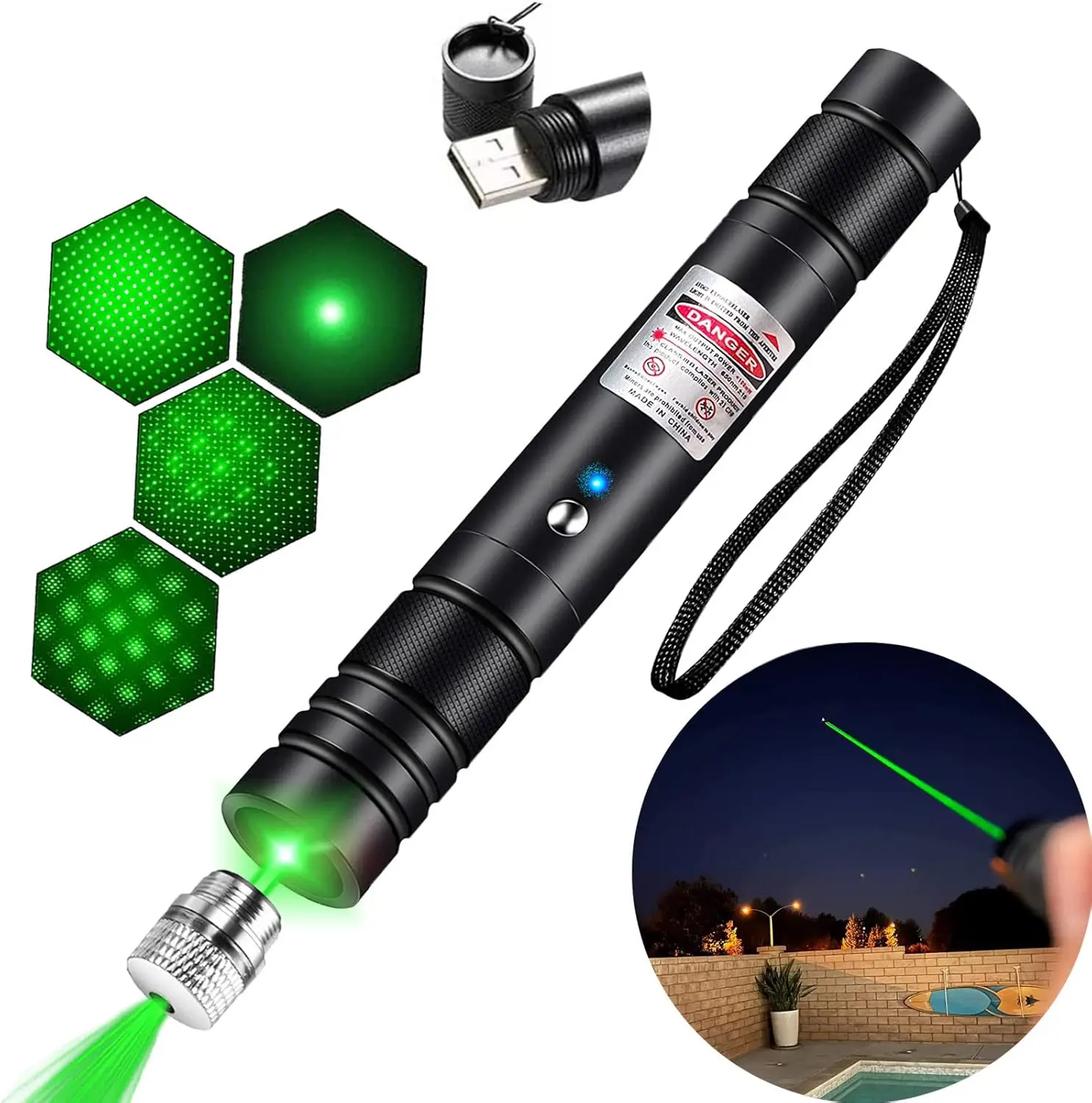 Green laser pointer with USB-C port and ergonomic grip
