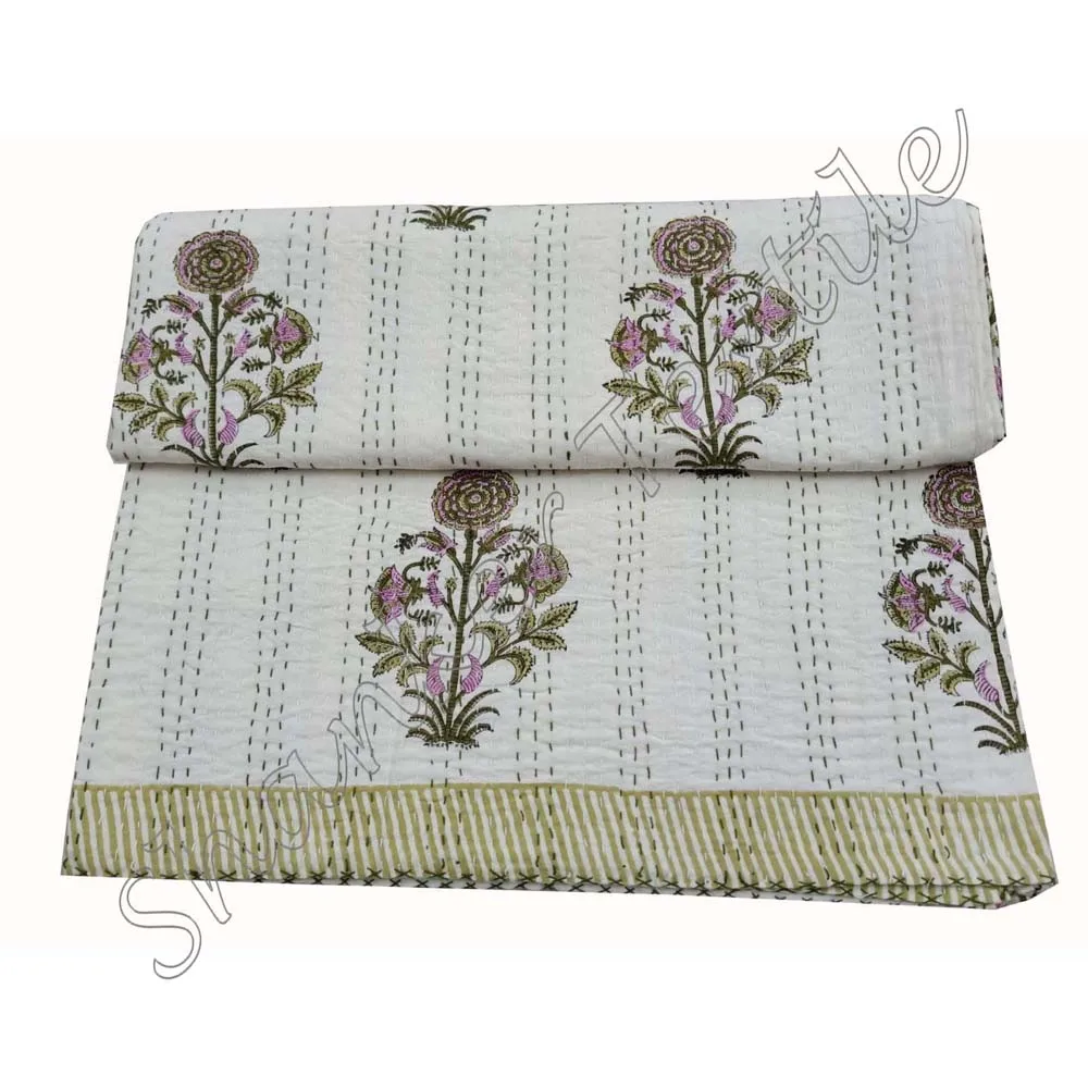 Handmade Mughal Printed Queen Size Bedspread Kantha Quilt Reversible