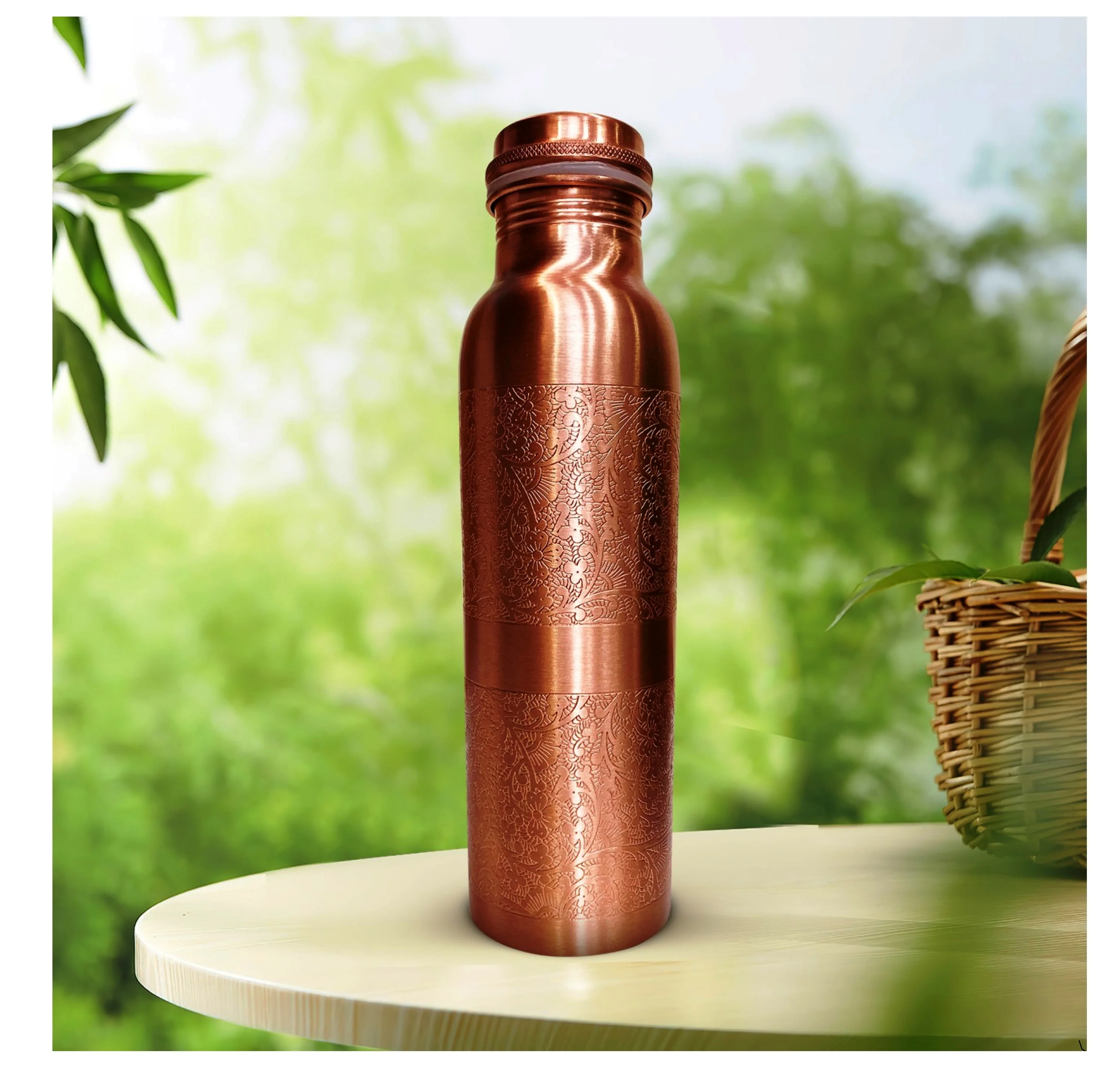 Handmade Pure Copper Water Bottle In Floral Design With Ayurvedic Health Benefits Yoga Fitness Copper Bottle Gift For Her Copper Drinkware - Foto 11