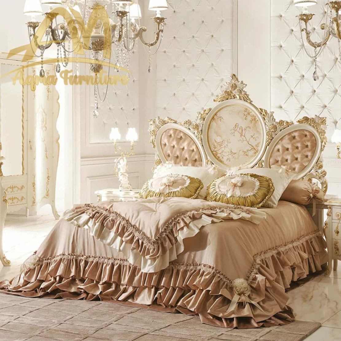 Luxurious Gold Color Bedroom Sets Made From Solid Wood With Handmade