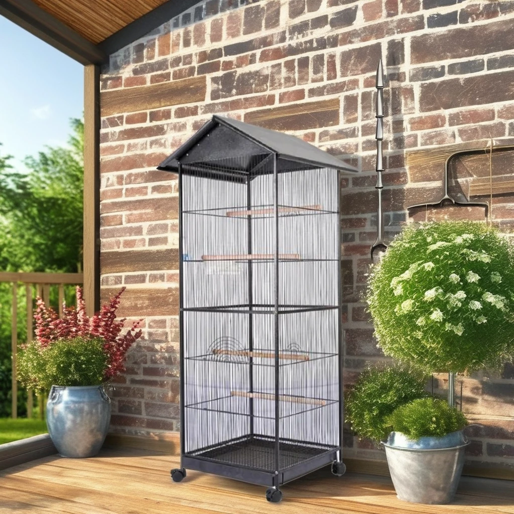 Photo inspiration: Visual Reference: Large Metal Bird Cage With Free Flight Solid Wood Station