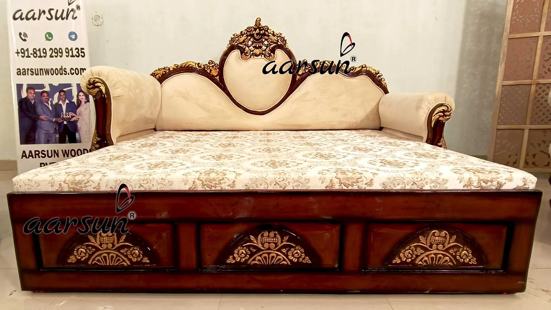 Wooden Handmade Sofa Cum Bed Set With Gold Highlighting In Premium Teak Wood At The Best Sales