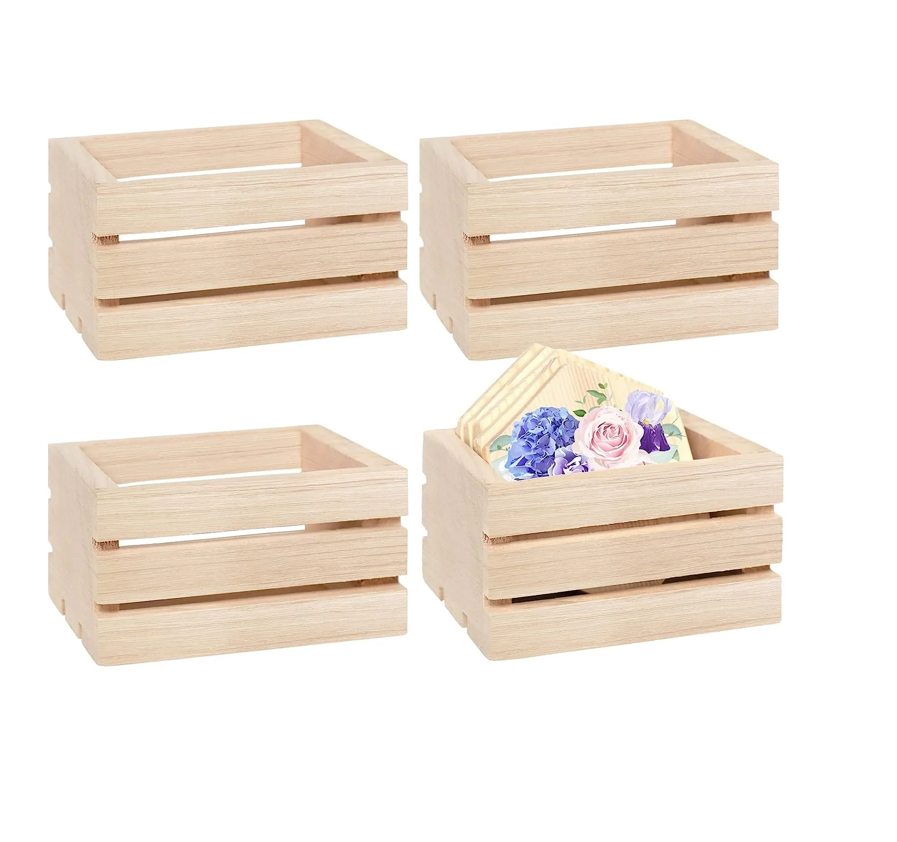 4 Pack Mini Rustic Wooden Crates,Decorative Crates Unfinished Wood Box