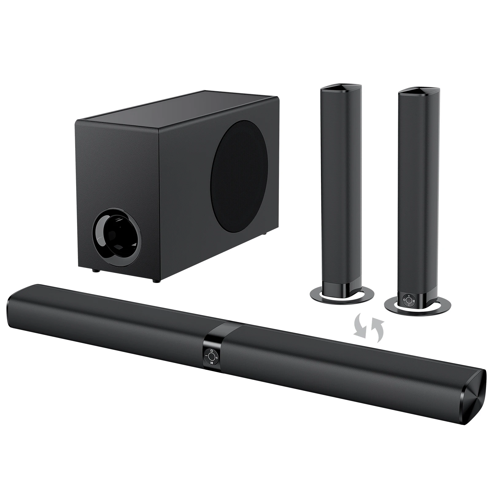 5.1 soundbar system with center channel, front left/right, and two rear satellite speakers