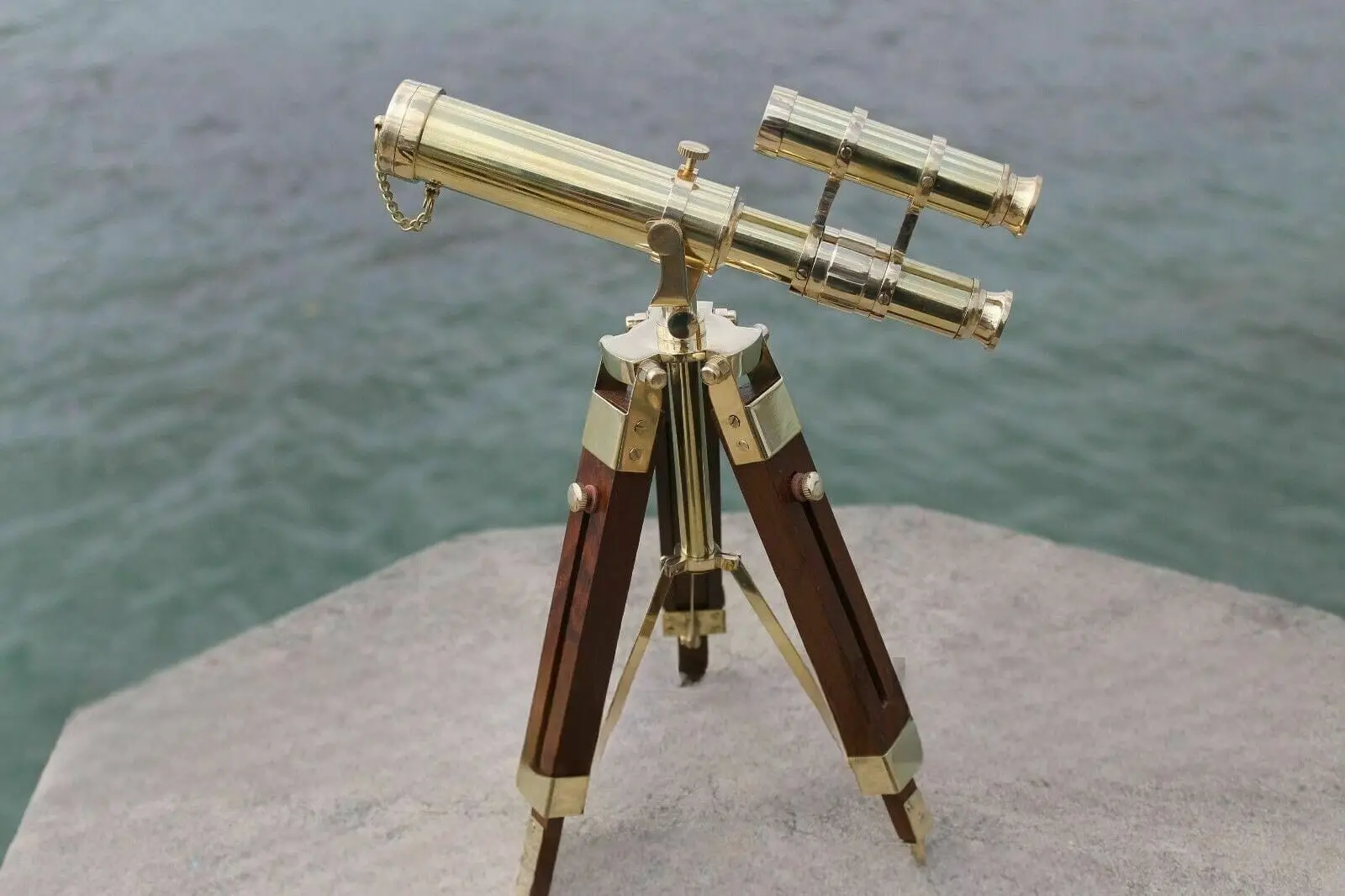 Solid Brass Double Barrel Spyglass Telescope With Wooden Tripod Marine