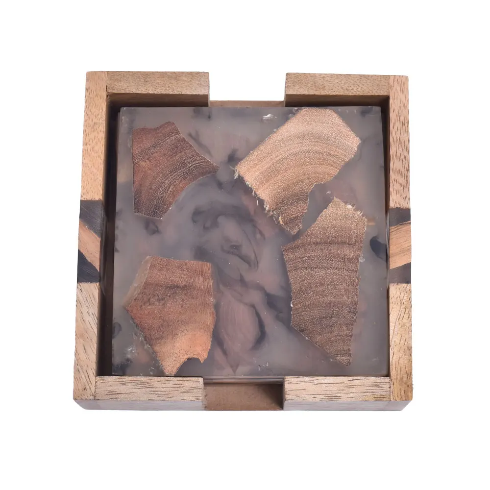 Handmade Modern Clear Epoxy Resin And Cedar Wood Set Of 4 Decorative