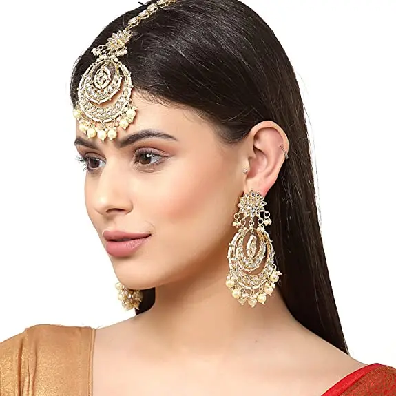 Jmc Traditional Jewellery Rhodium Kundan & Pearl Maang Tikka Earring