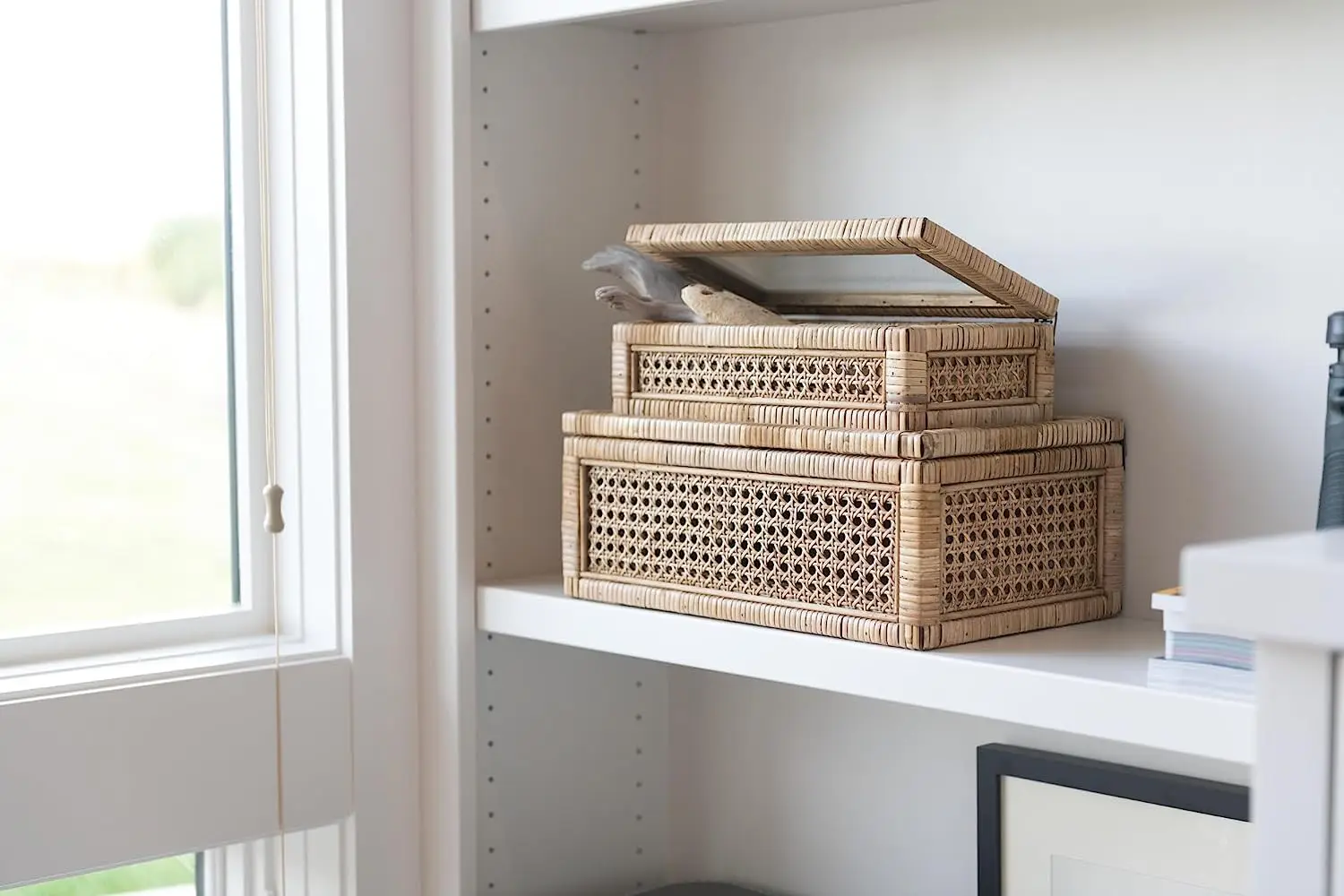 Wooden Storage Box With Hinged Lid Woven Rattan Display Boxes With Glass Lids & Fir Wood Frame