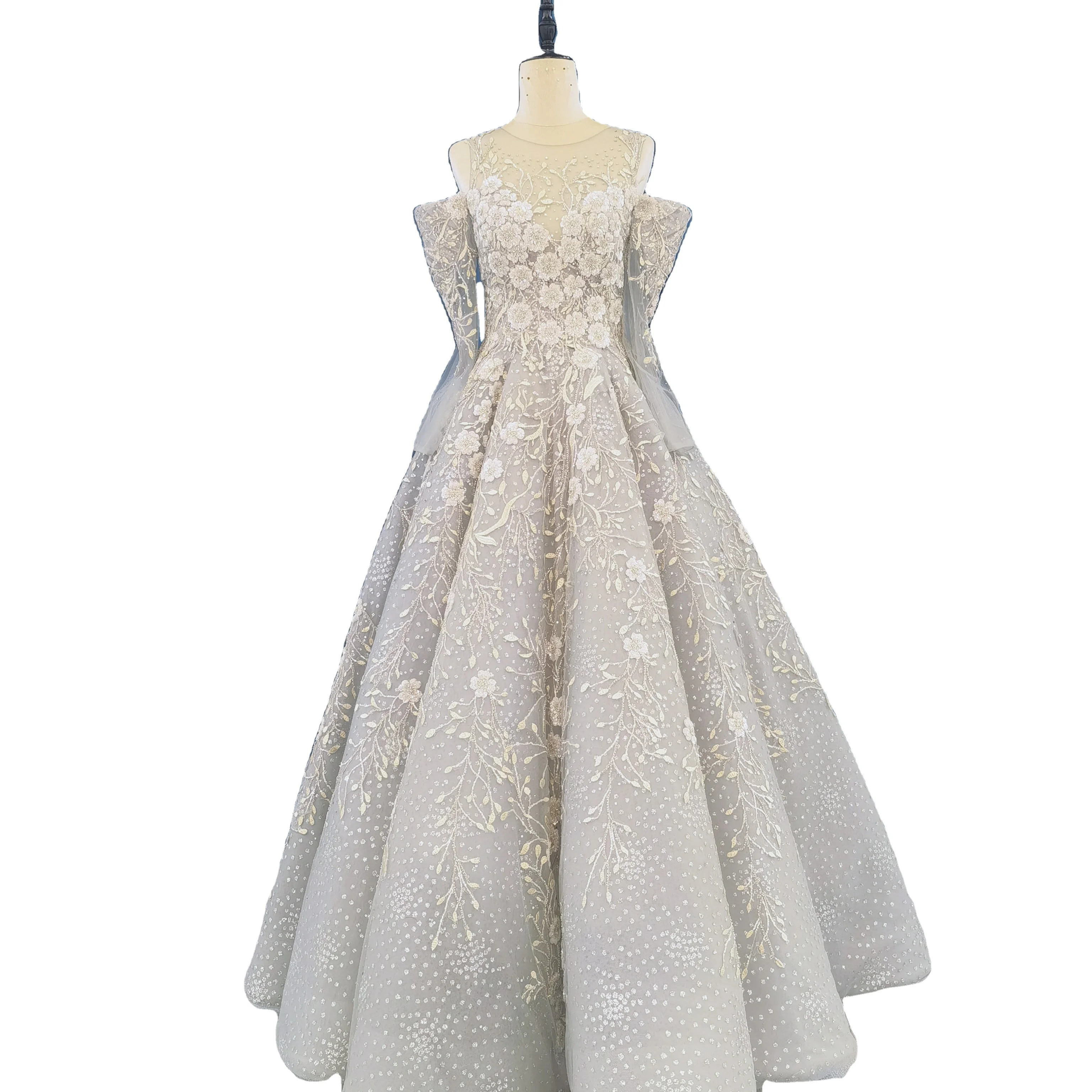 Sparkling Wedding Long Sleeve Lace Sequin Element Aline Evening Dress