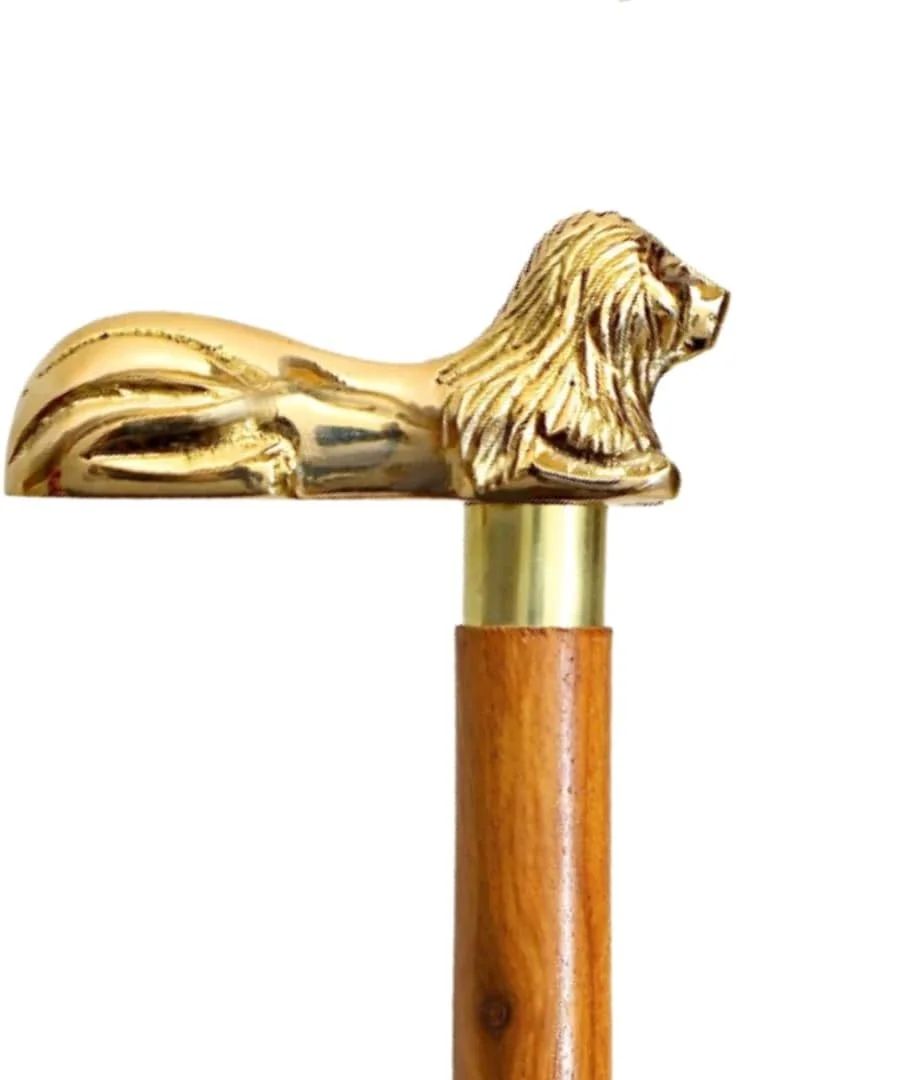 Wooden Walking Stick Wood Cane With Golden Lion Brass Handle Unique
