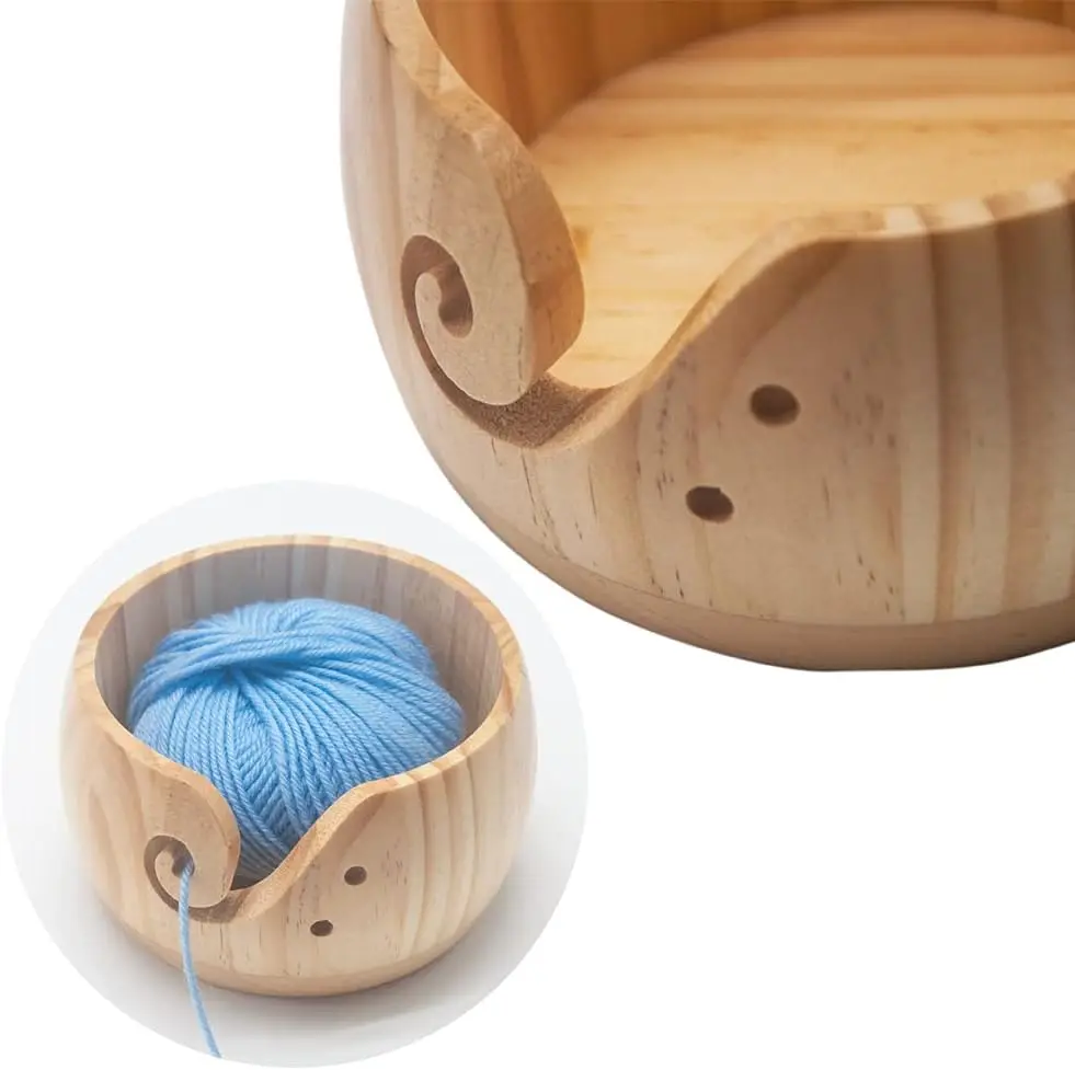 Wooden Yarn Bowl With 12 Pcs Bamboo Handle Crochet Hook,Wool Storage Handmade Crochet Kit
