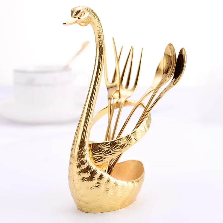 Creative Elegant Style Reusable Cutlery Zinc Alloy Swan Gold 24 Pcs