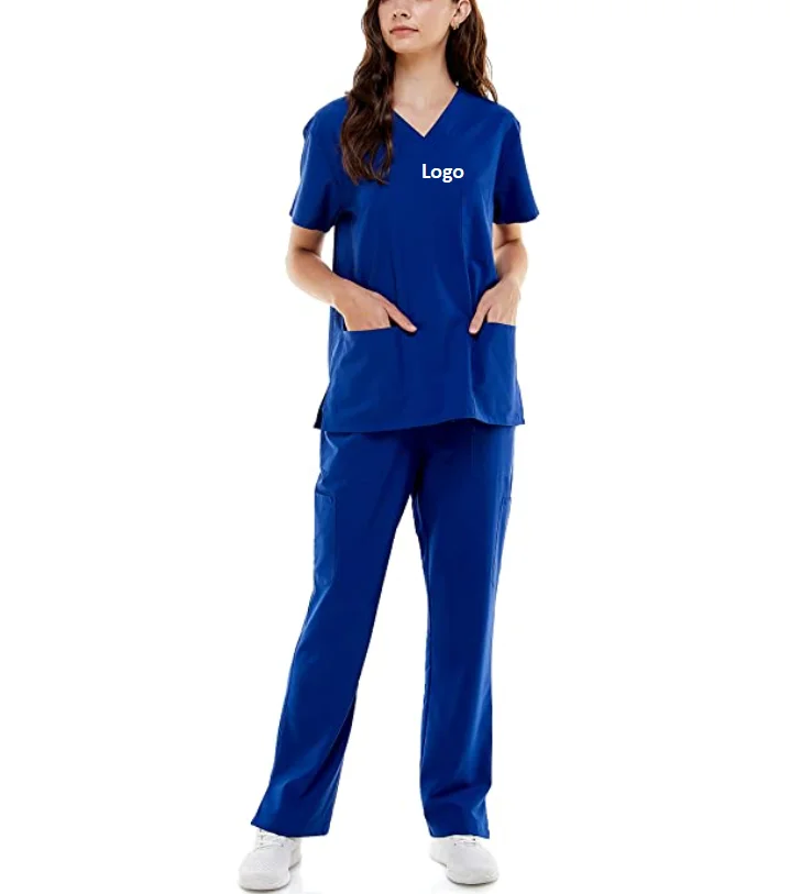 Womens Medical Uniform Set 4 Way Stretch Lightweight 8 Pockets Vneck Top Drawstring Elastic