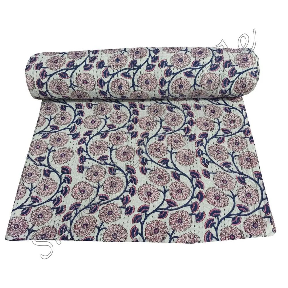 Handmade Mughal Printed Queen Size Bedspread Kantha Quilt Reversible