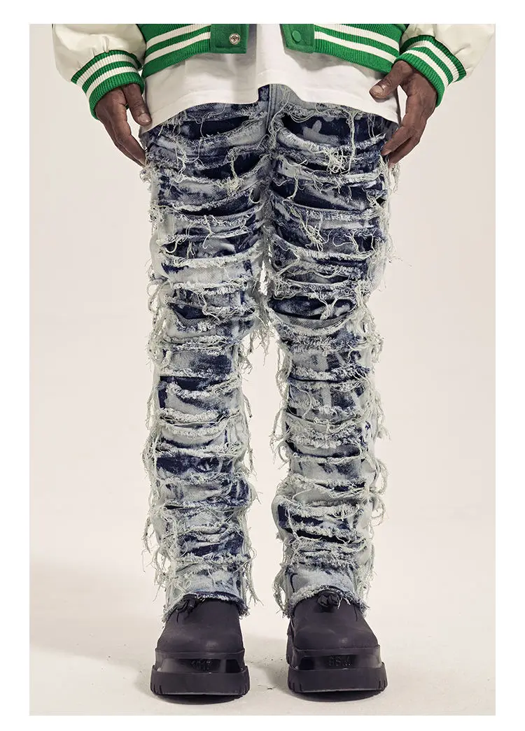 WORK OUT - Jean empilé en denim vieilli de style personnalisé pour hommes_voghion.com