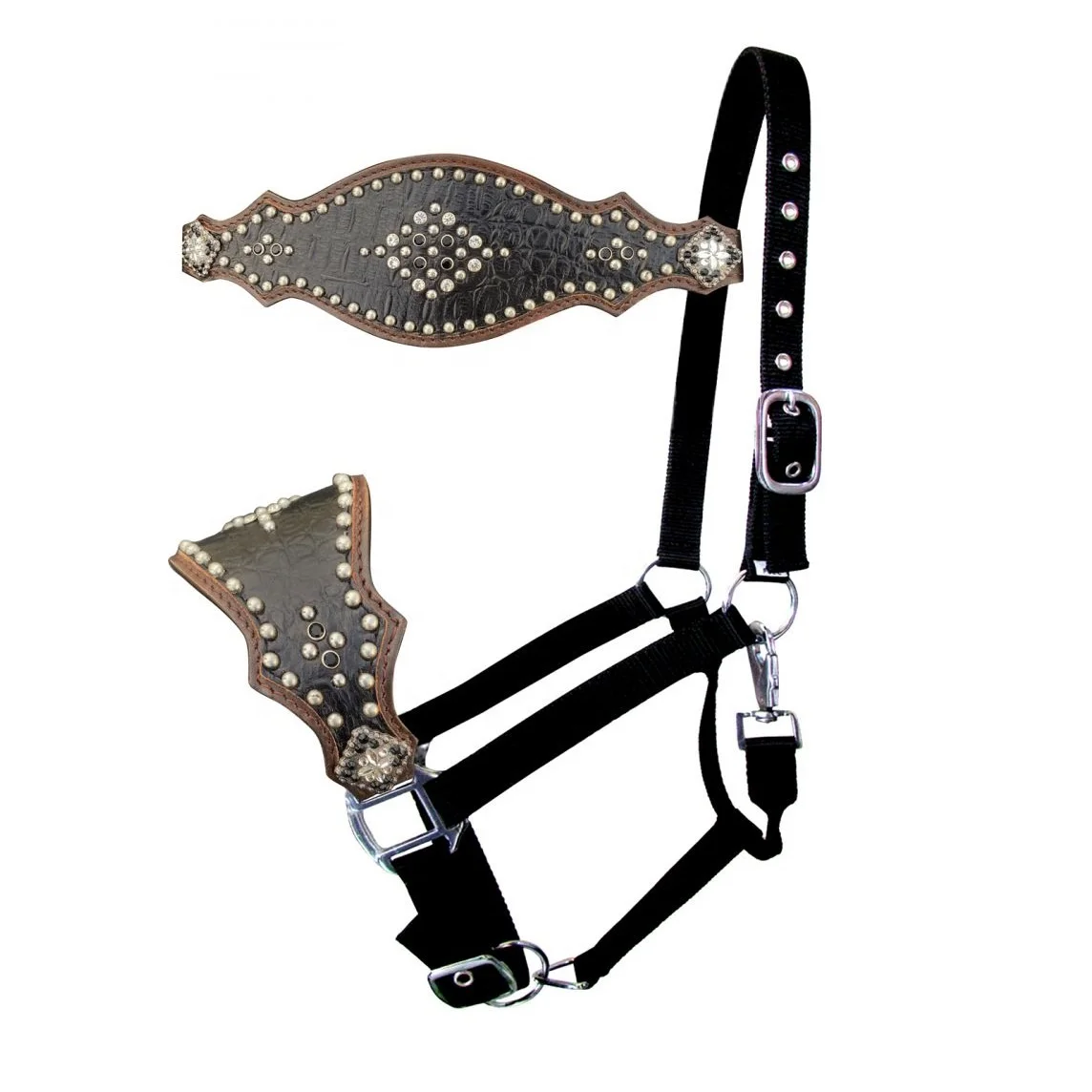 Adjustable Black Nylon Rope Halter With Leather Nose & Silver Stud Work