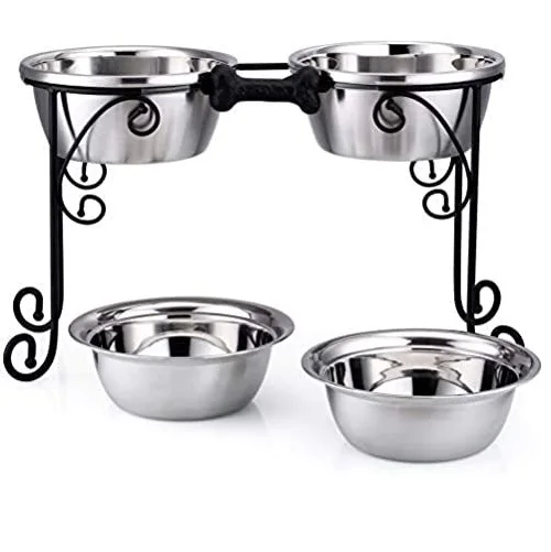 Stainless Steel Metal Stand Double Bowl Pet Bowls With Double Dog Cat Food And Water Feeder Dish