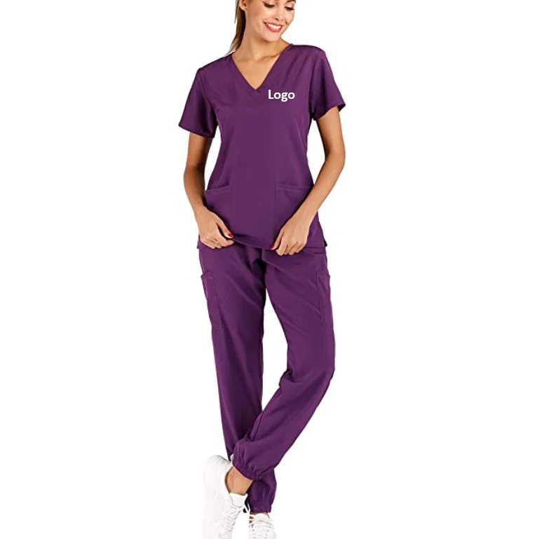 Womens Solid Stretch Medical Uniform Scrub Set V Neck Top Cargo Tapered