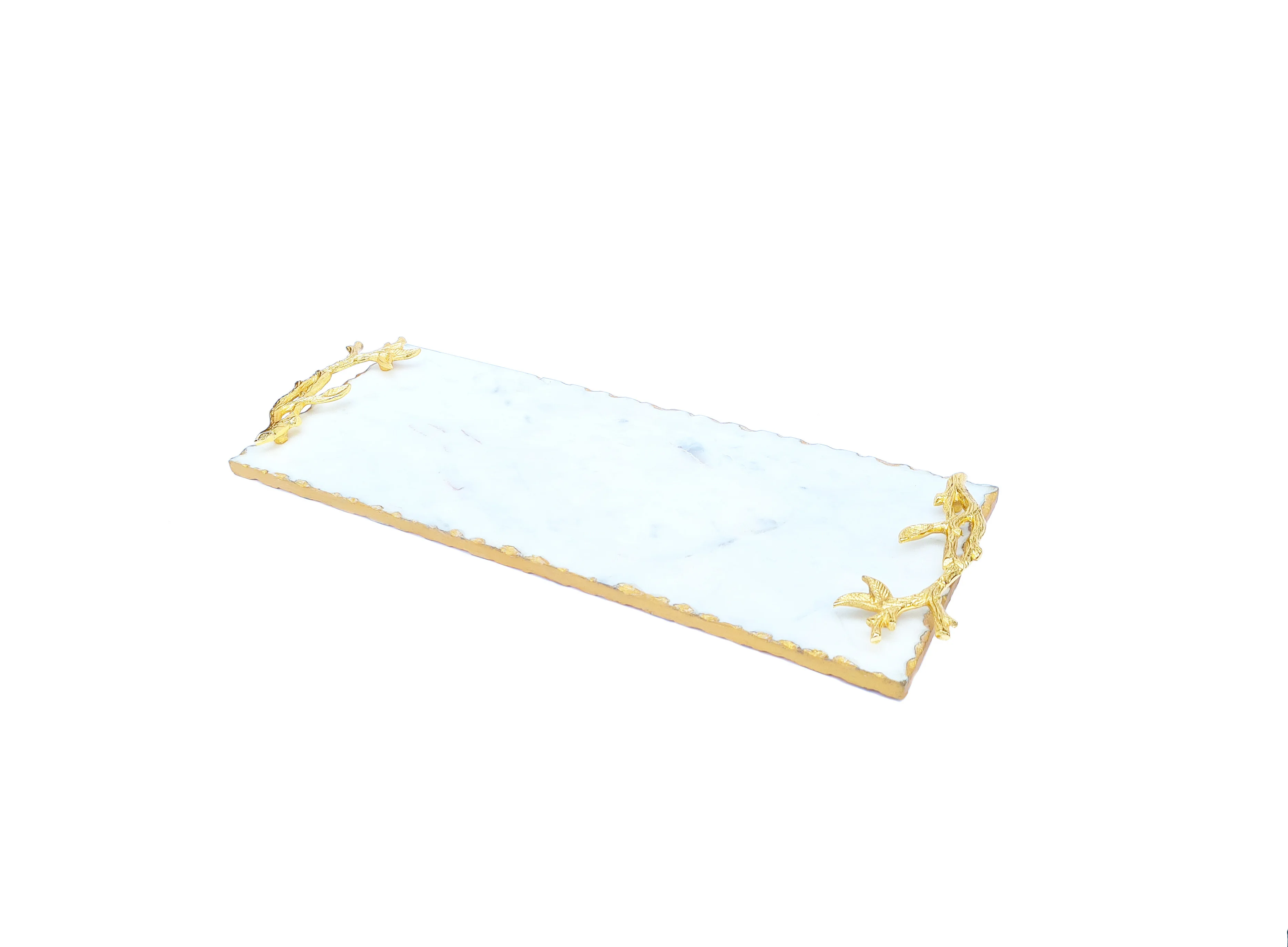 Luxurious White Marble Tray With Hammered Gold Edges With Metal Gold