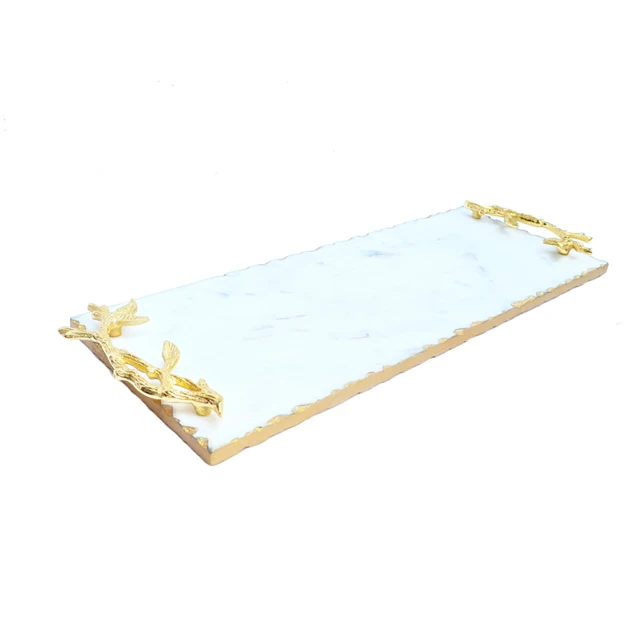Luxurious White Marble Tray With Hammered Gold Edges With Metal Gold