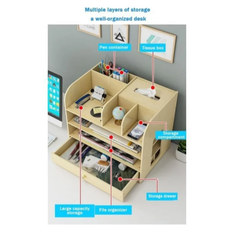 Wooden Bamboo Multifunction Desktop Organizer Bookshelf Tissue Boxed