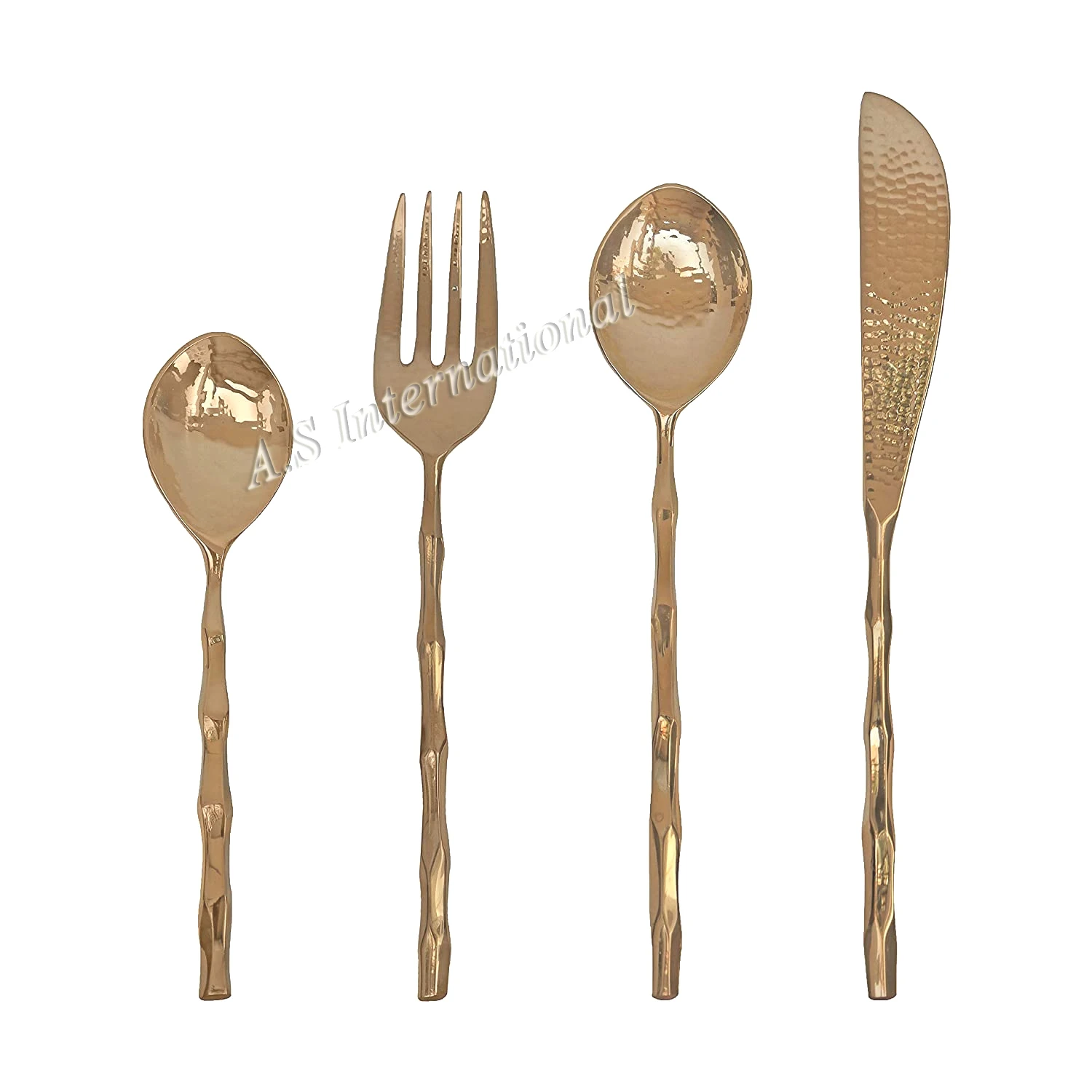 Handmade Metal Brass Flatware Set Engraving Design Metal Cutlery Set Golden Spoon And Fork